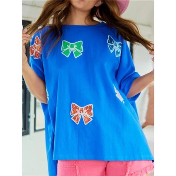 Sequin Bow Round Neck T-Shirt - Picture 1 of 9
